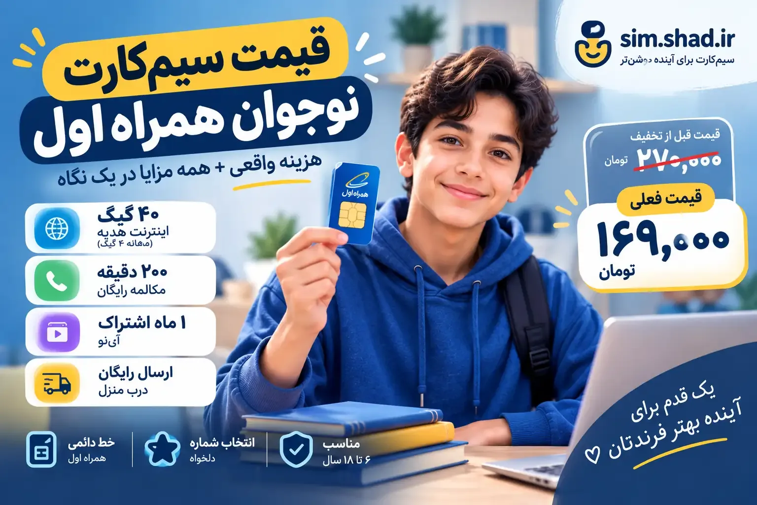قیمت سیم کارت نوجوان همراه اول در ۱۴۰۵ با اینترنت و مکالمه هدیه و ارسال رایگان